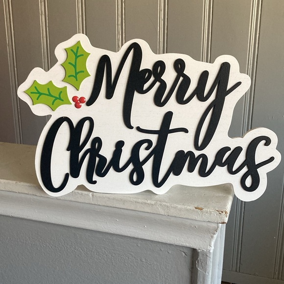 NWT- 15x17- White & Black Merry Christmas Wooden Decor Sign with beaded hanger - Picture 7 of 17